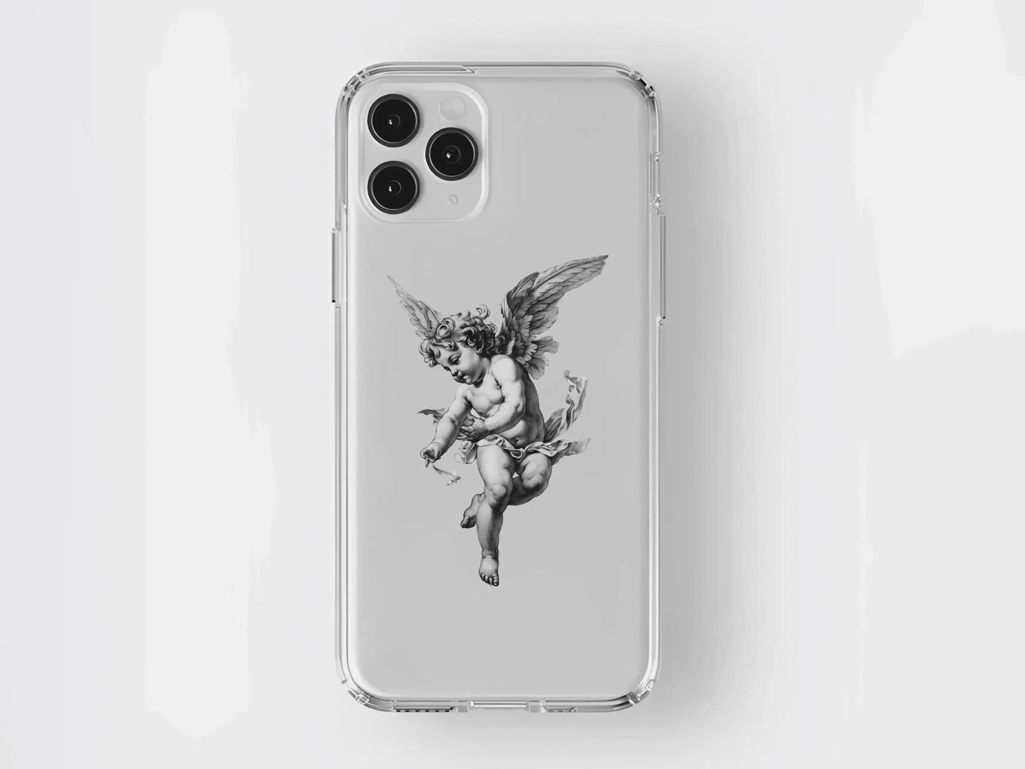 Şeffaf telefon kılıfı üzerinde klasik melek desenli koruyucu kapak