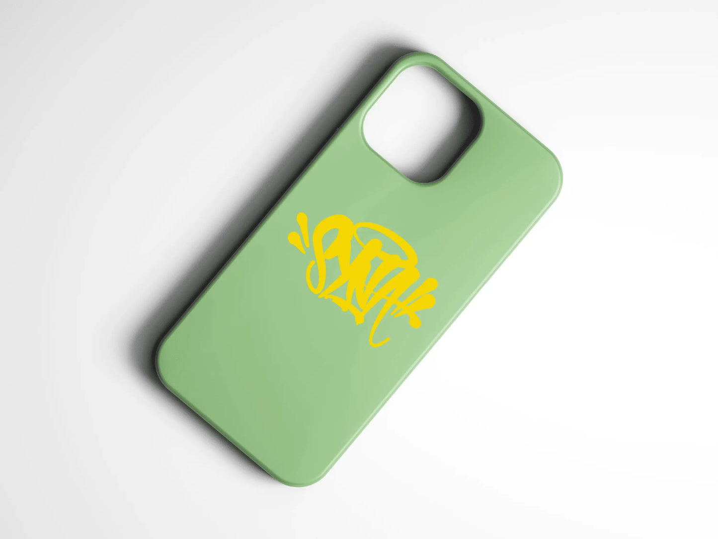 Yeşil arka planlı, sarı graffiti desenli telefon kılıfı, modern tasarım