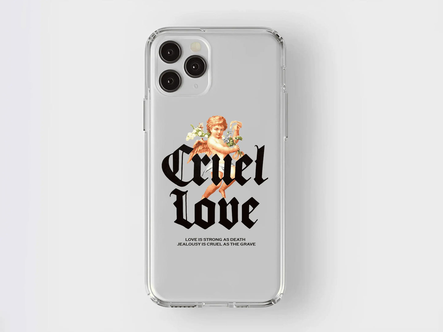 Şeffaf telefon kılıfı, üzerinde melek ve büyük Cruel Love yazısı ile dekoratif tasarım