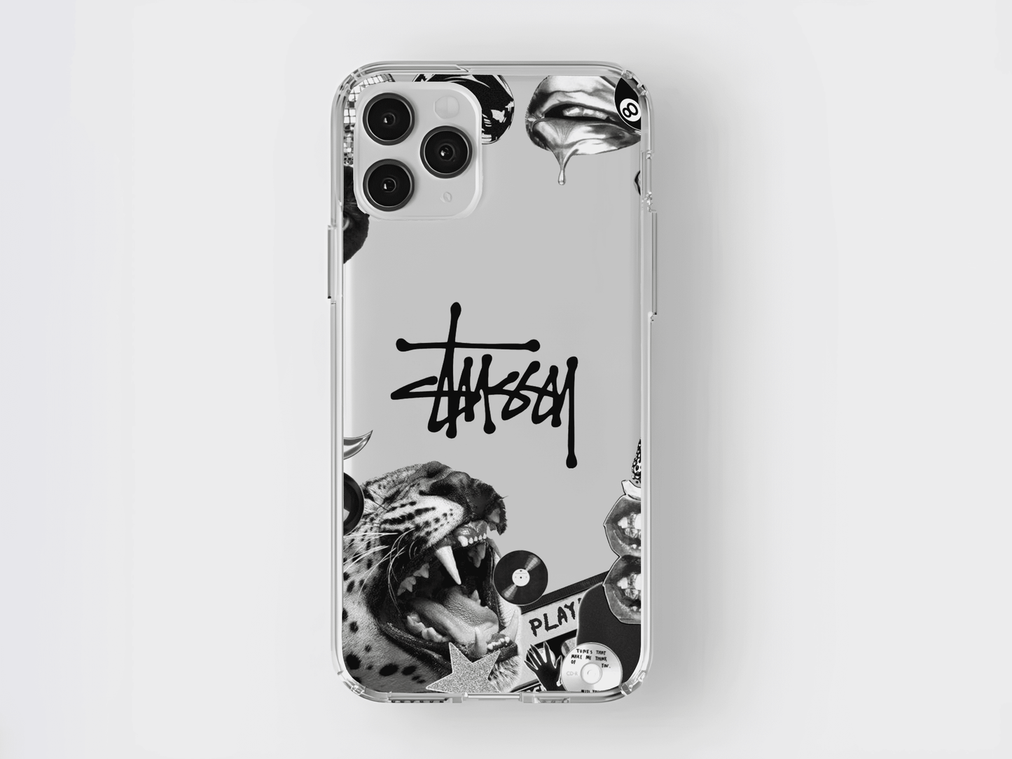 Leopar ve siyah beyaz kolaj desenli, şeffaf iPhone telefon kılıfı