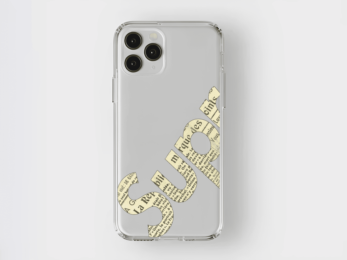 Şeffaf, gazete baskılı SUP yazılı iPhone kılıfı, minimal ve modern tasarım