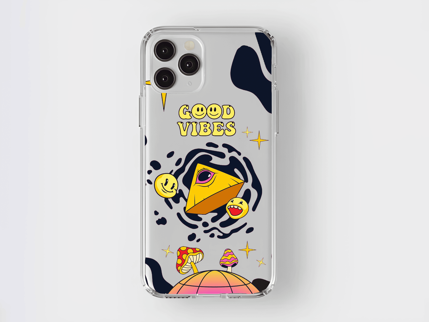 Good Vibes yazılı, piramit, emoji ve mantar tasarımlı, şeffaf telefon kılıfı