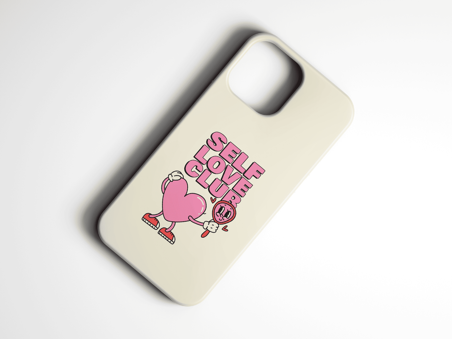 Self Love Club yazılı, kalp figürlü, bej arka plana sahip telefon kılıfı