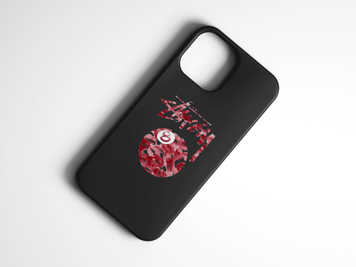 Siyah arka planda kırmızı desenli 8 topu ve yazılı desenli telefon kılıfı