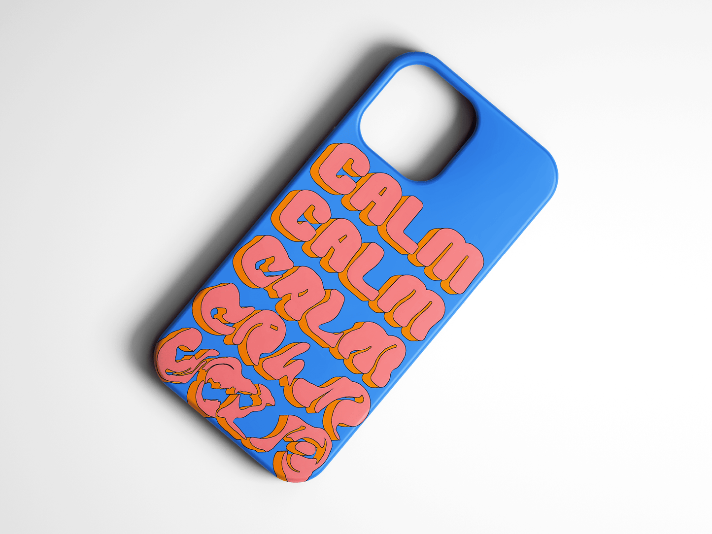 Mavi zeminli, üzerinde pembe sarı 'CALM' yazılı modern telefon kılıfı