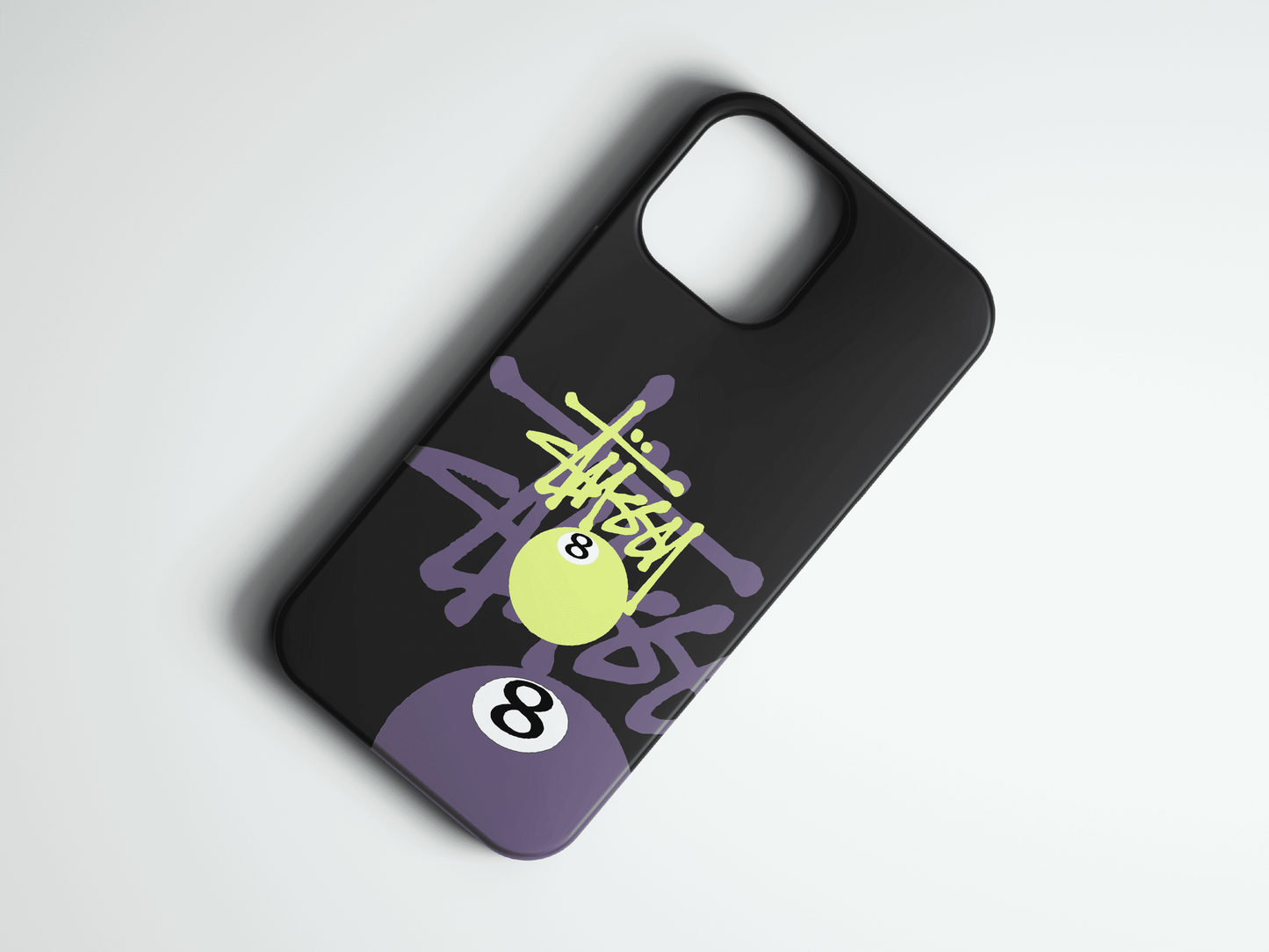 Siyah telefon kılıfı, mor ve sarı 8 bilardo topu ve graffiti desenli tasarım