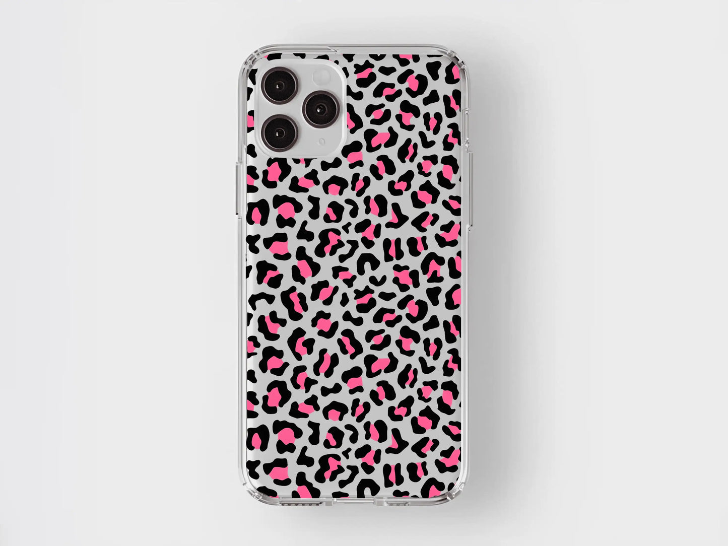 Siyah ve pembe desenli şeffaf leopar telefon kılıfı