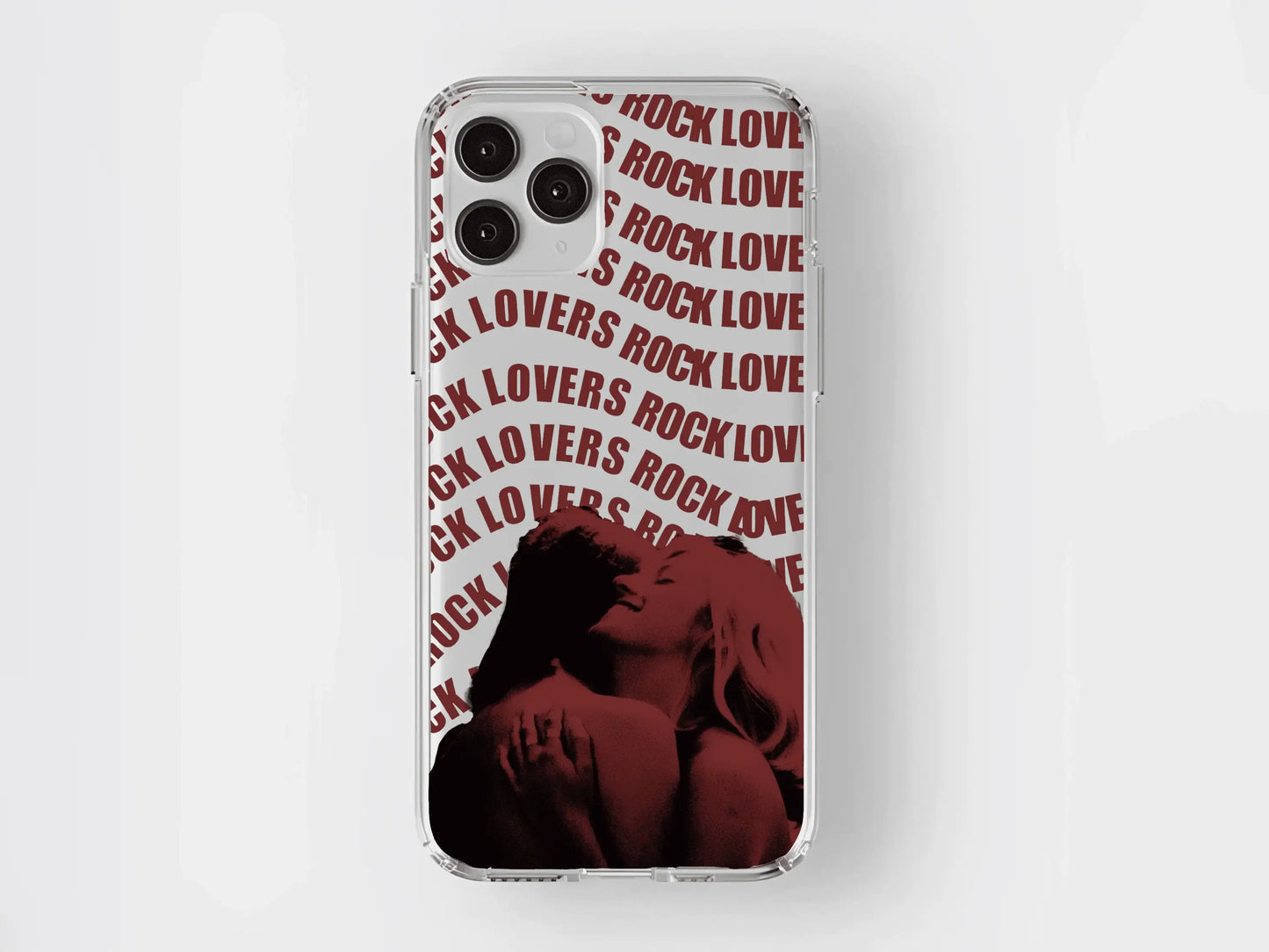 Rock Lovers yazılı, çift figürlü şeffaf telefon kılıfı tasarımı