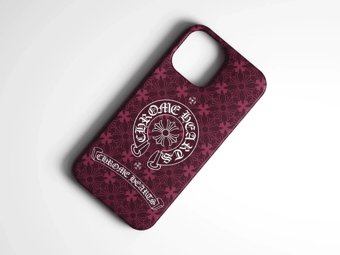 Bordo zeminli, beyaz desenli, şık motiflerle süslenmiş telefon kılıfı