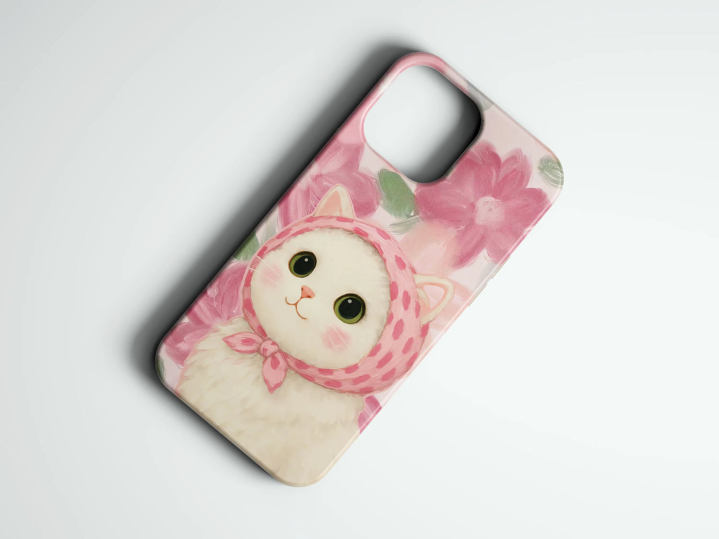 Pembe çiçekli, şirin kedili telefon kılıfı tasarımı