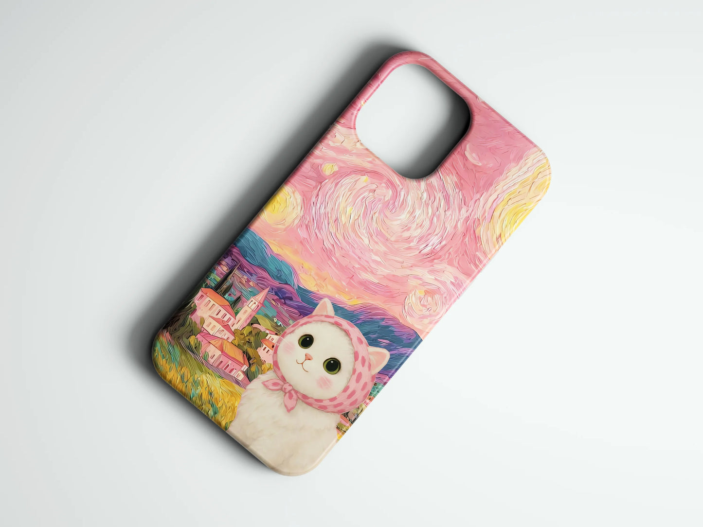 Renkli manzara ve sevimli kedi desenli, pembe temalı telefon kılıfı