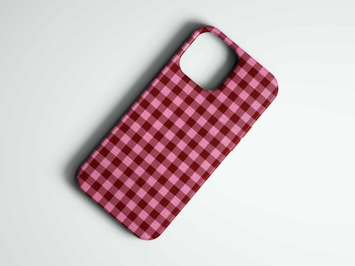 Cherry Gingham pembe kırmızı pötikare desenli telefon kılıfı