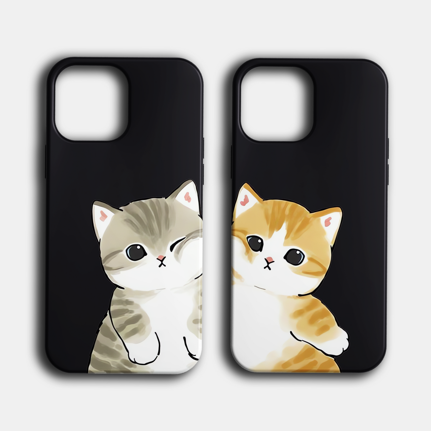 Siyah arka planlı, sevimli kedi desenli iki telefon kılıfı, kedili telefon kılıfı modeli
