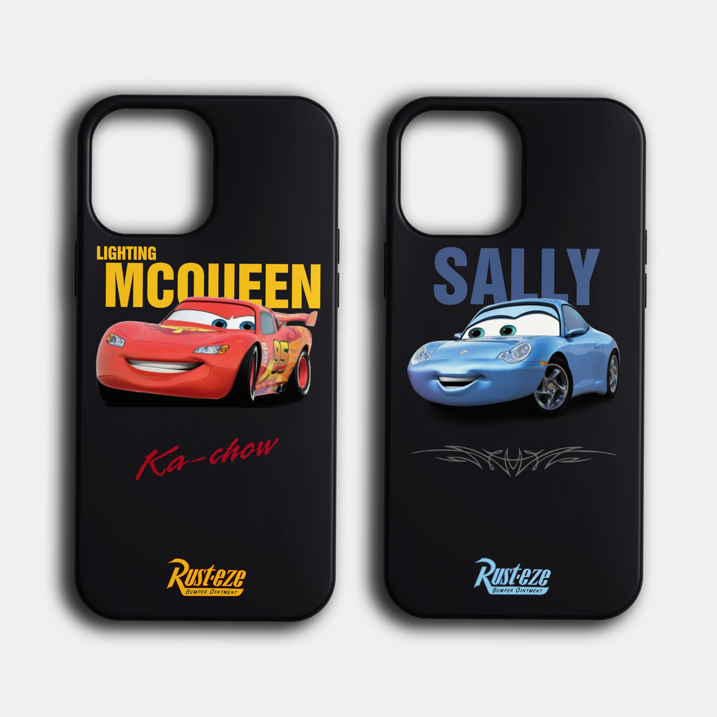 Siyah zeminli, Lightning McQueen ve Sally karakterli renkli telefon kılıfı tasarımları