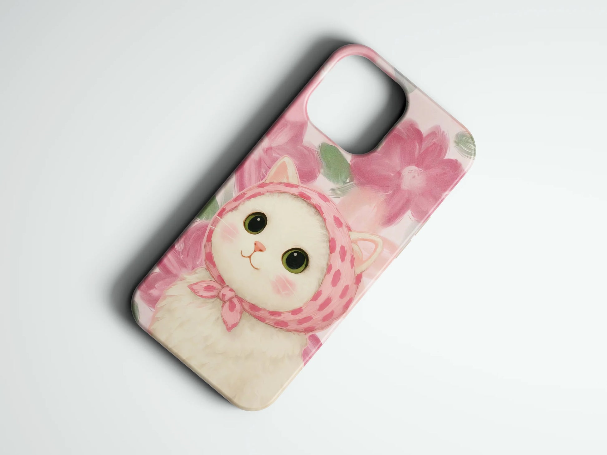 Pembe çiçekli, şirin kedili telefon kılıfı tasarımı