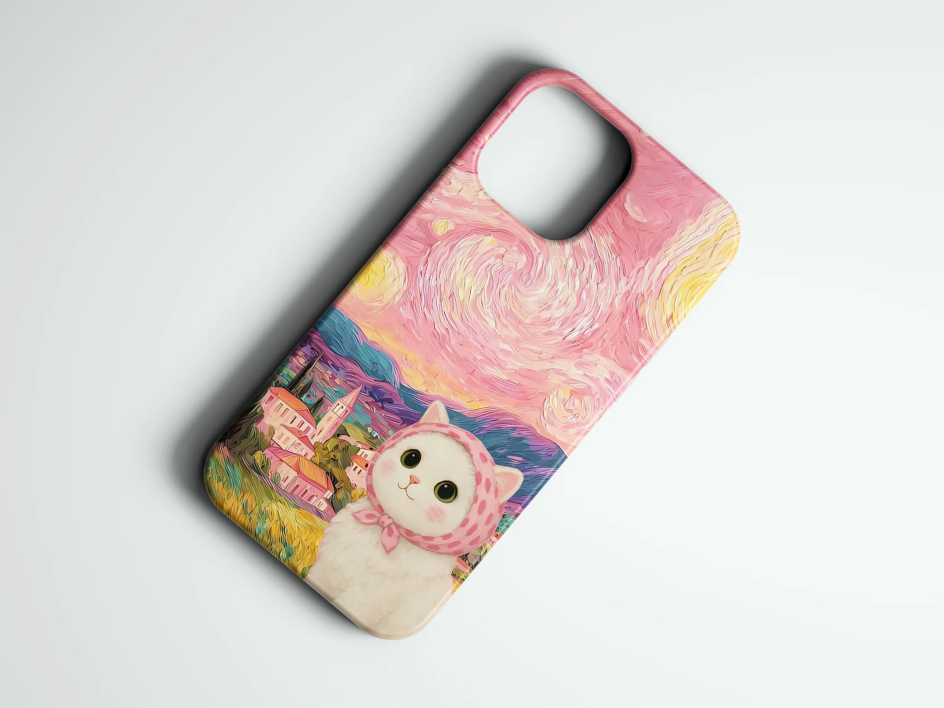 Renkli manzara ve sevimli kedi desenli, pembe temalı telefon kılıfı
