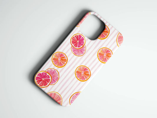 Pembe çizgili, greyfurt desenli telefon kılıfı