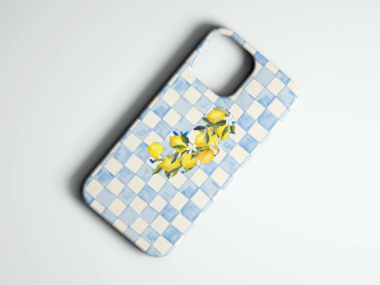 Mavi beyaz kare desenli, limon desenli şık telefon kılıfı