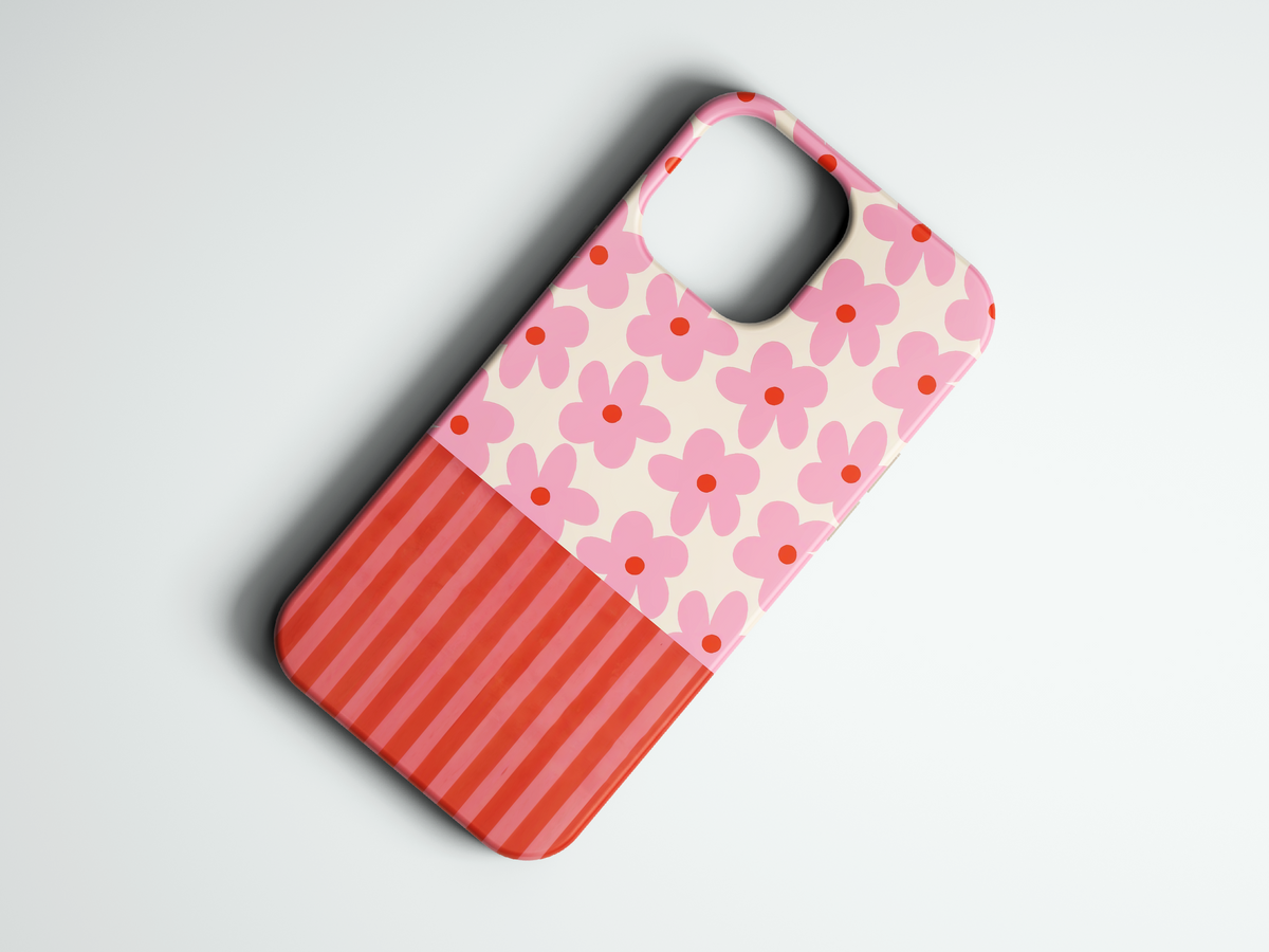 Flower Split pembe kırmızı çiçek ve çizgi desenli telefon kılıfı