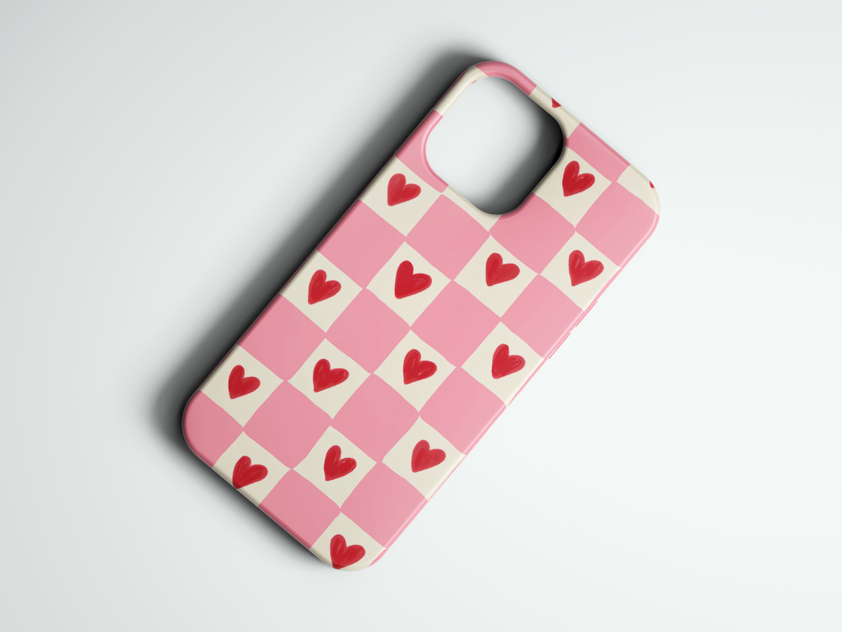 Heart Checker pembe beyaz kalpli dama desenli telefon kılıfı