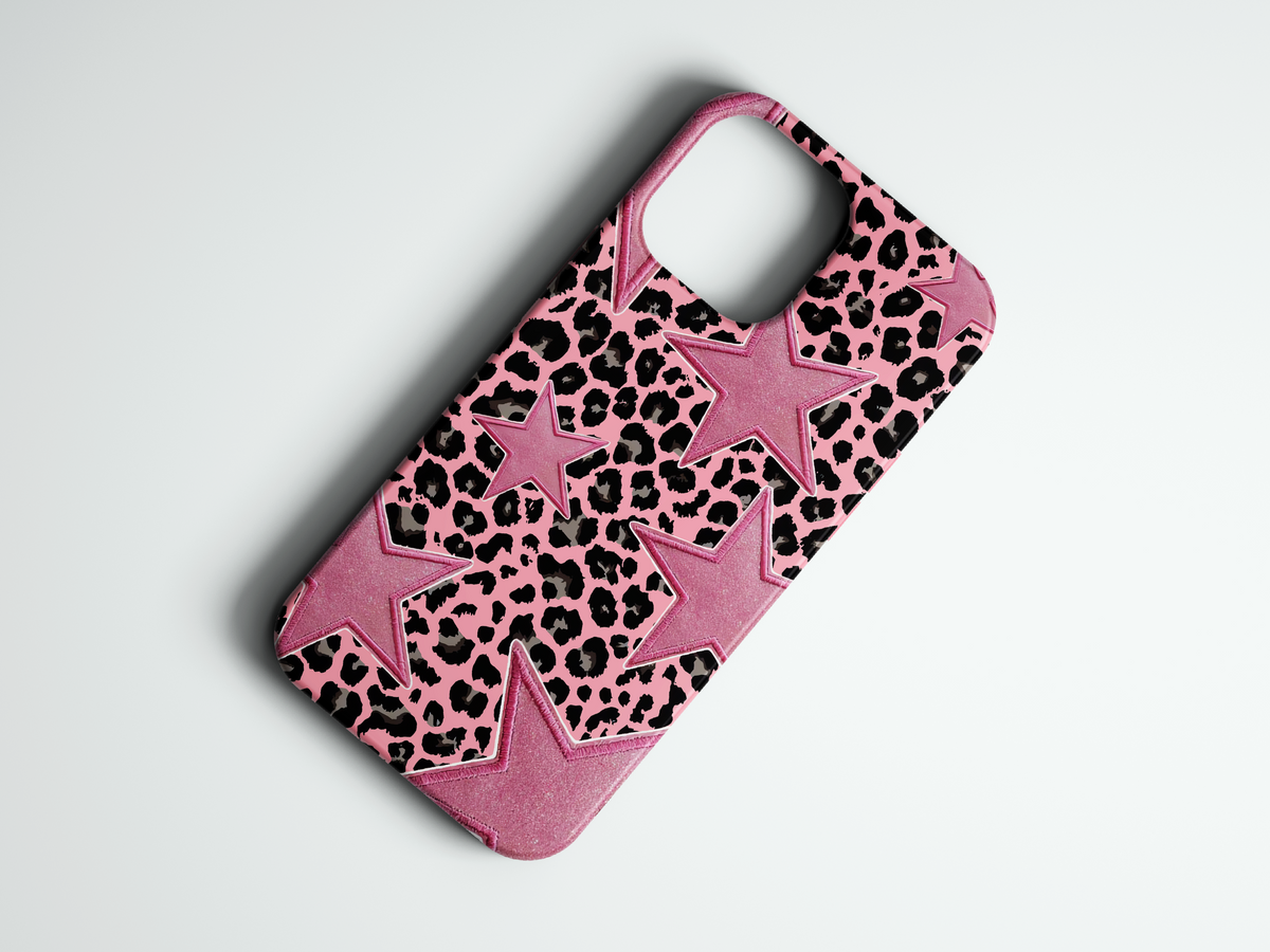 Leopard Stars pembe leopar desenli telefon kılıfı
